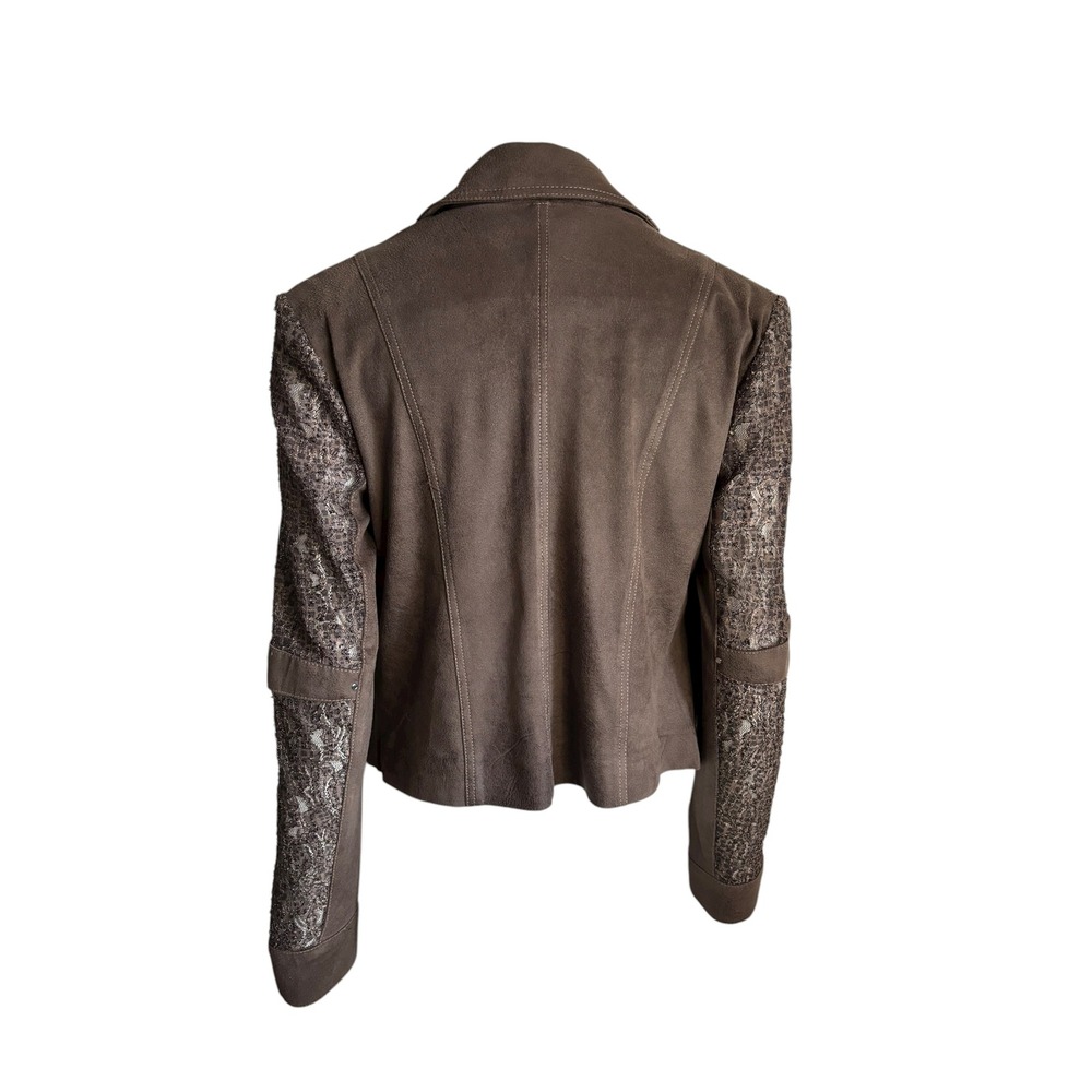 Joseph Ribkoff Brown Faux Suede & Zipper Moto Jacket Sequin Lace Panel Size M - Picture 5 of 9